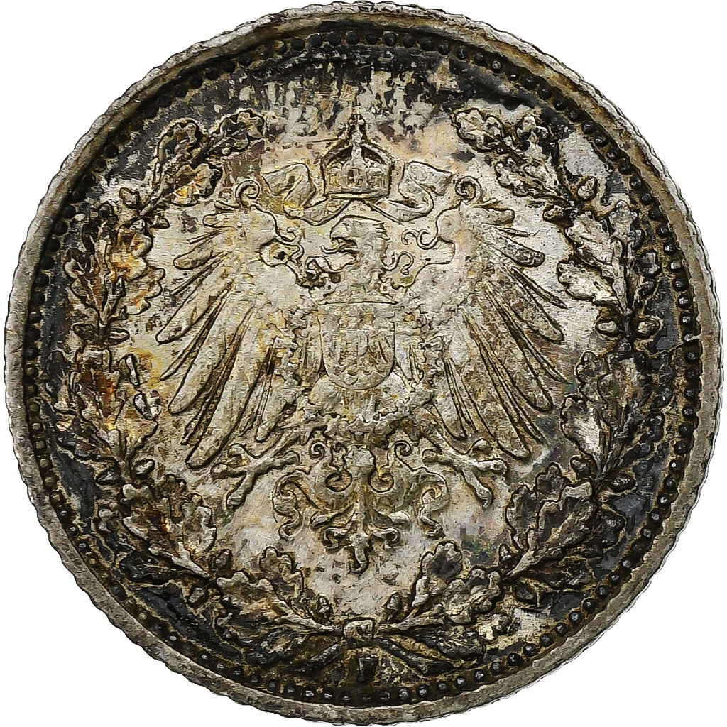 GERMANY - EMPIRE, 1/2 Mark, 1915, Stuttgart, Silver, AU(55-58), KM:17