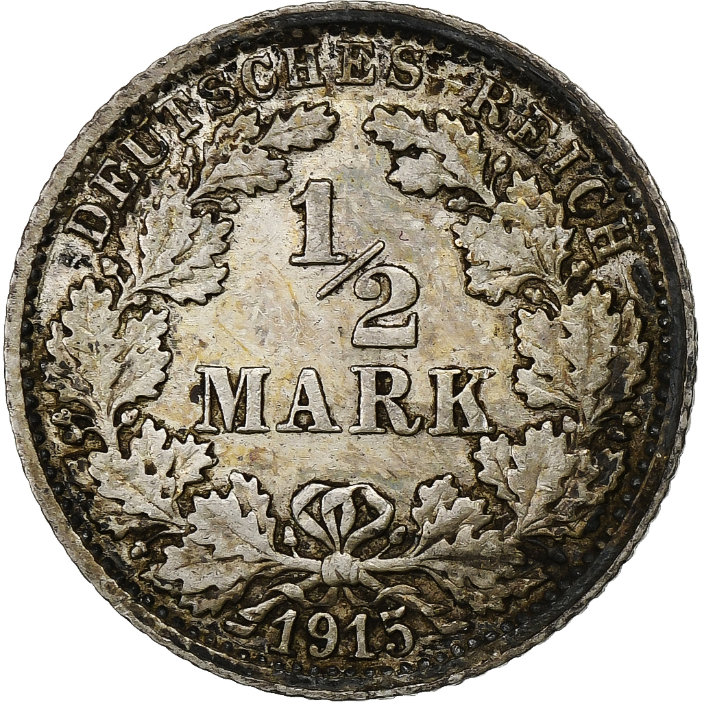 GERMANY - EMPIRE, 1/2 Mark, 1915, Stuttgart, Silver, AU(55-58), KM:17