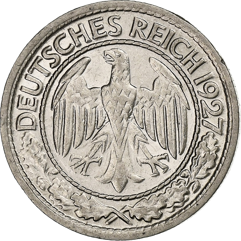 GERMANY, WEIMAR REPUBLIC, 50 Reichspfennig, 1927, Stuttgart, Nickel, 