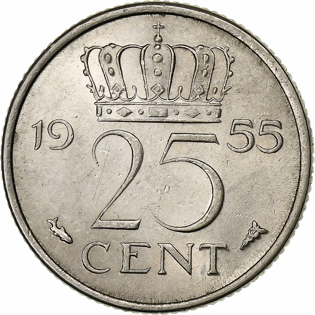 Netherlands, Juliana, 25 Cents, 1955, Nickel, , KM:183