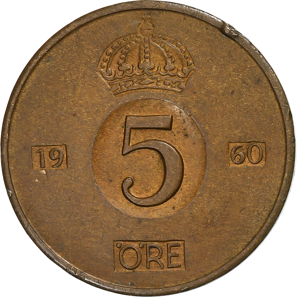 Münze, Schweden, Gustaf VI, 5 Öre, 1960, S+, Bronze, KM:822