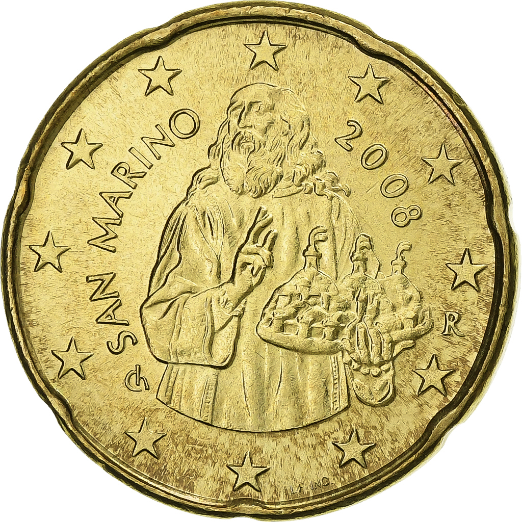San Marino, 20 Euro Cent, 2008, Rome, Brass, , KM:483