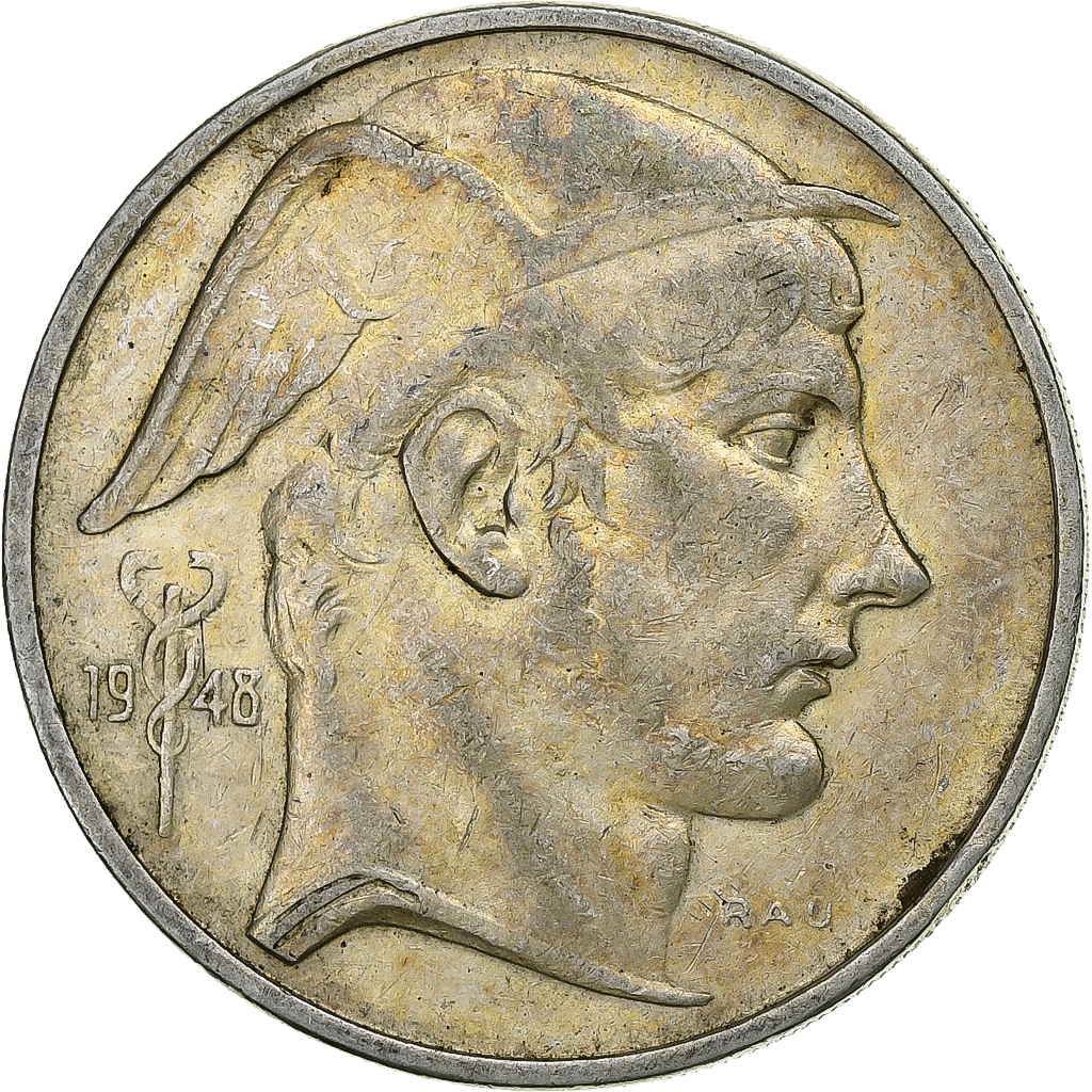 Belgium, Régence Prince Charles, 50 Francs, Mercure, 1948, Brussels, Silver