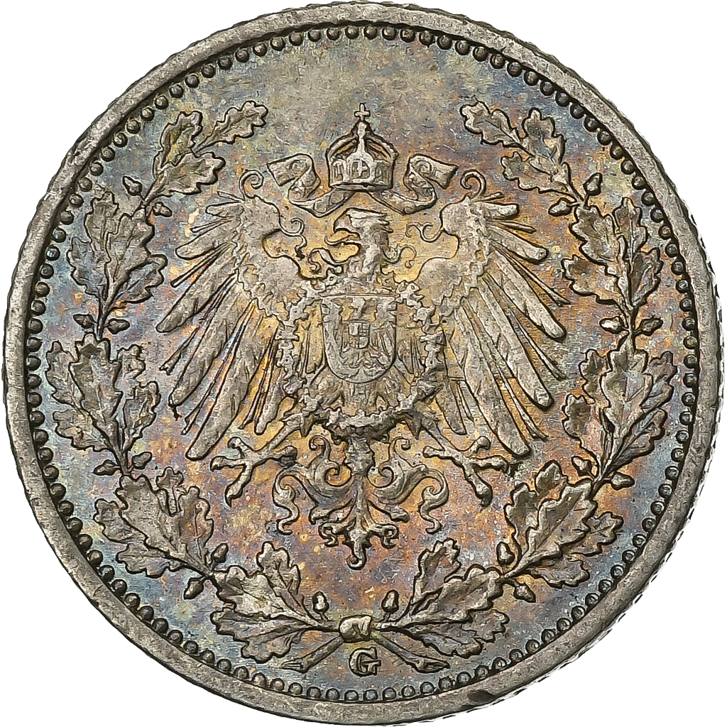 GERMANY - EMPIRE, 1/2 Mark, 1915, Karlsruhe, Silver, AU, KM:17