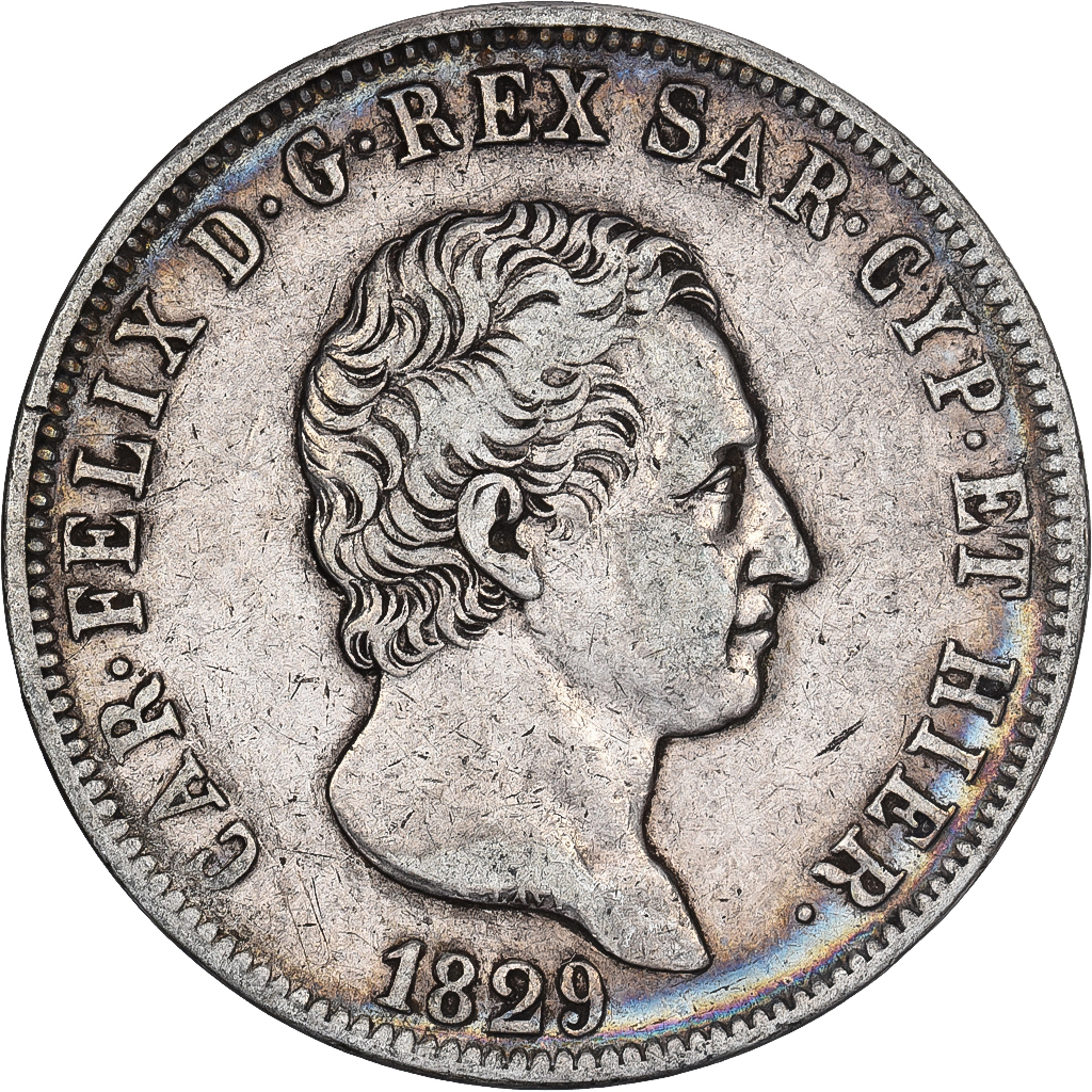 Italy, Carlo Felice, 5 Lire, 1829, Genoa, Silver, 