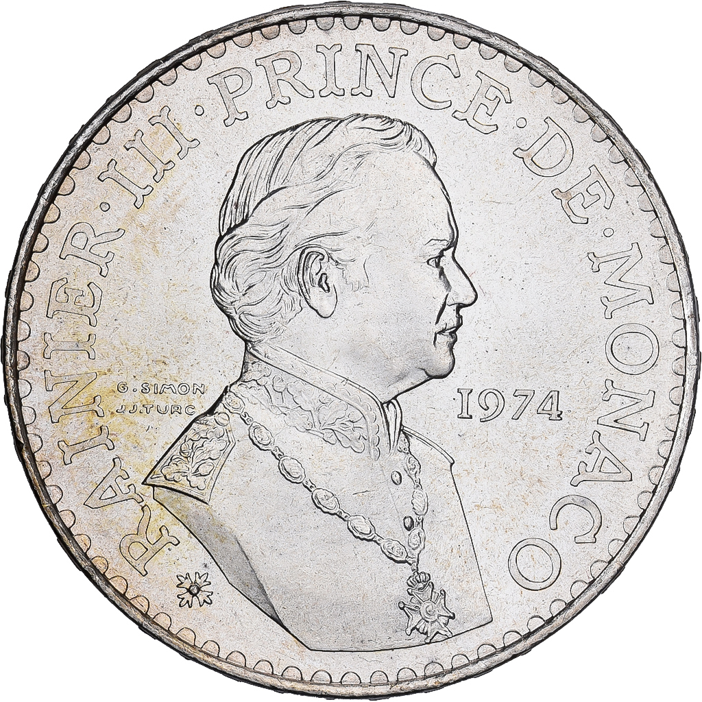 Monaco, Rainier III, 50 Francs, 1974, Silver, , KM:152.1