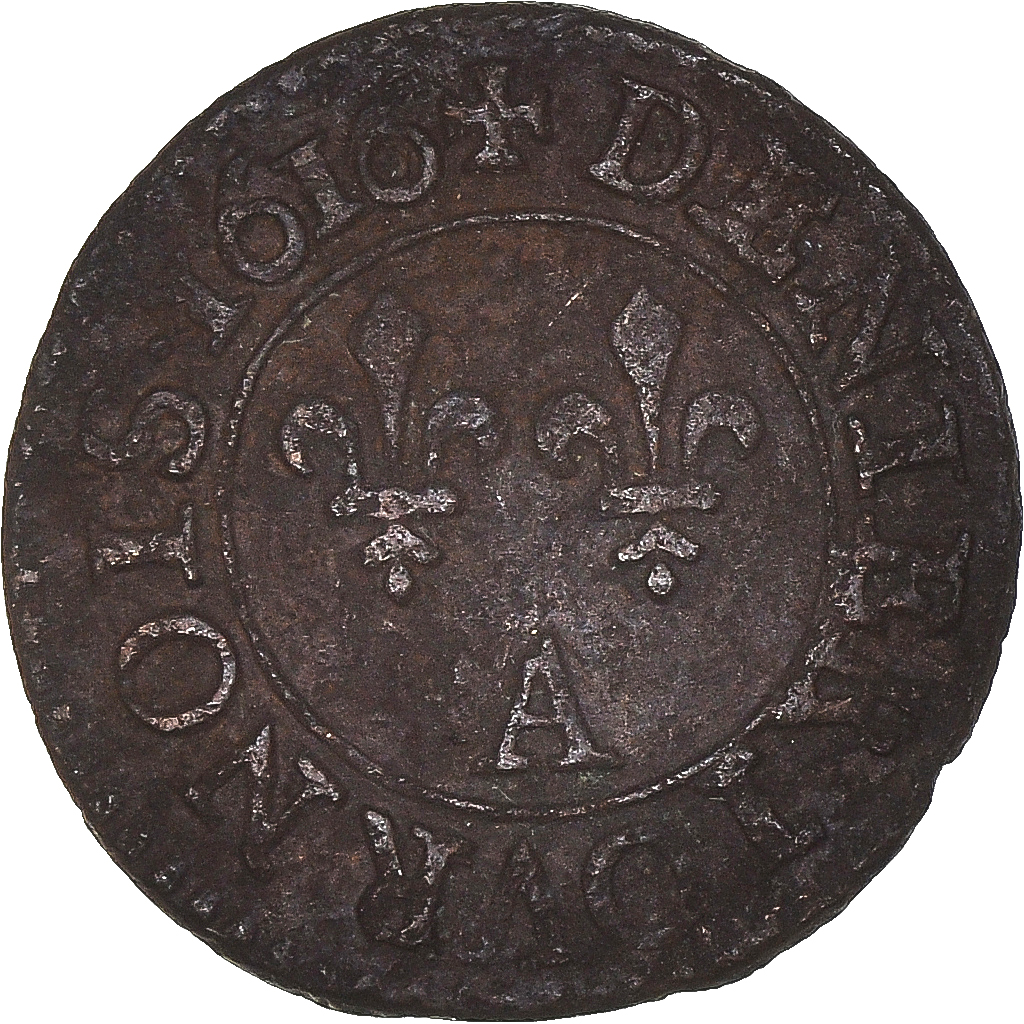 Coin, France, Louis XIII, Denier Tournois, 1616, Paris, AU, Copper