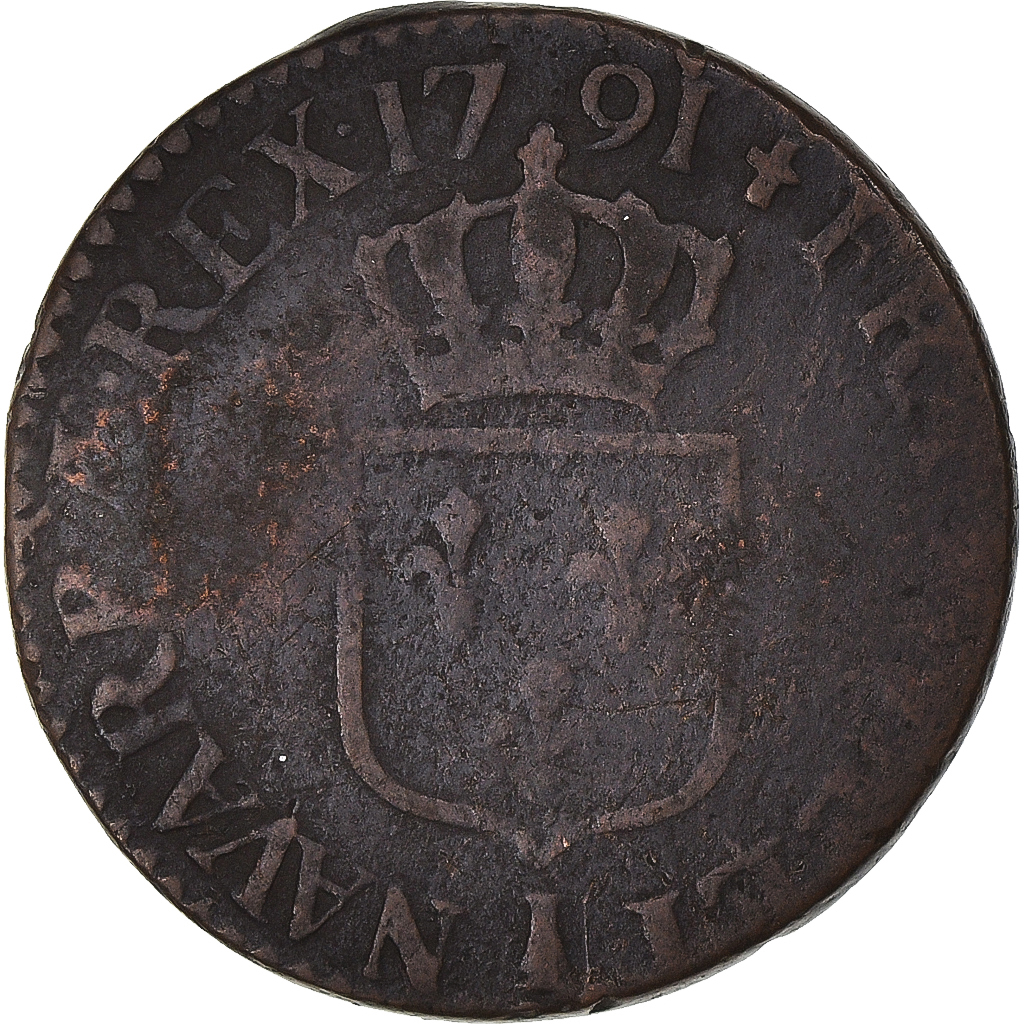 Coin, France, Louis XVI, 1/2 Sol, 1791, Limoges, VF, Copper