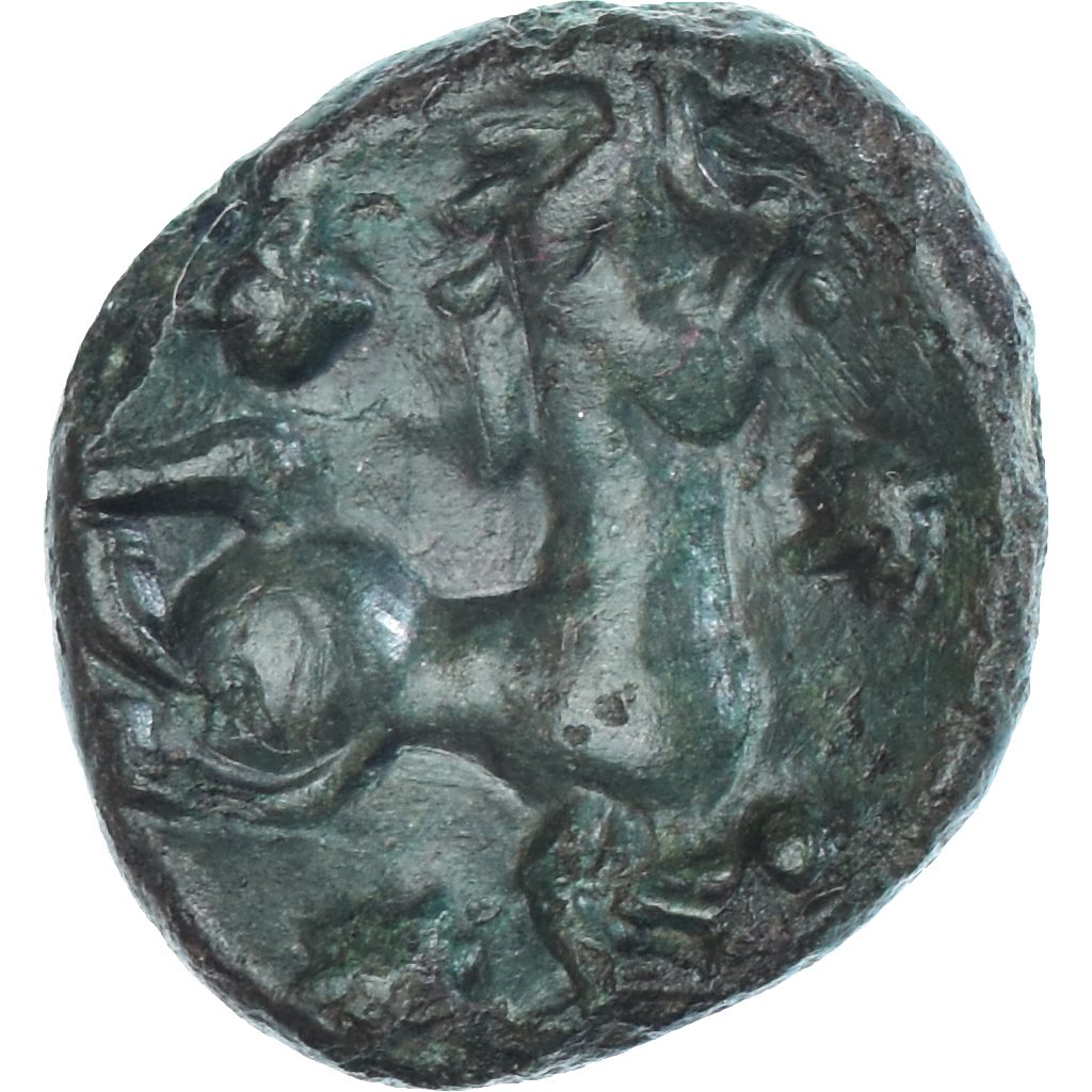 Coin, Bellovaci, Bronze au personnage agenouillé, 80-50 BC, EF, Bronze