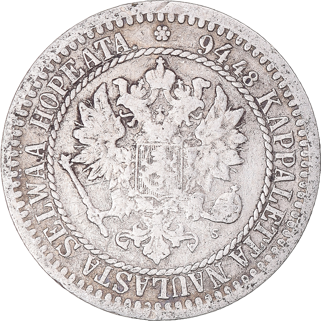 Coin, Finland, Alexander II, Markka, 1865, Helsinki, F(12-15), Silver, KM:3.1