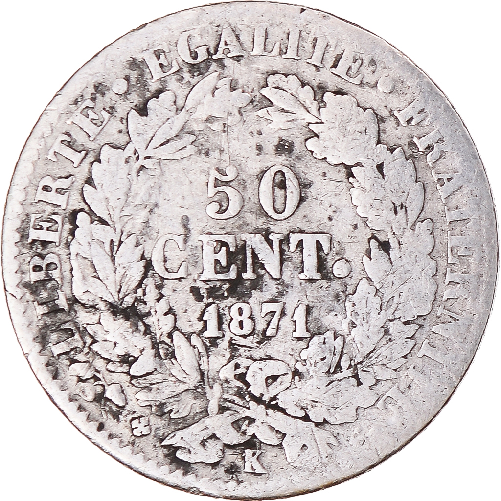 Coin, France, Cérès, 50 Centimes, 1871, Bordeaux, , Silver, KM:834.2