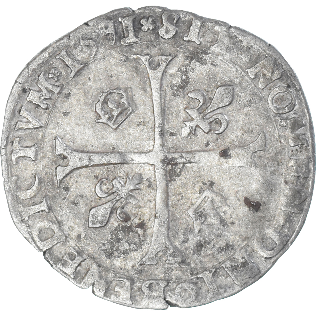 Coin, France, Henri IV, Douzain aux deux H, 1591, La Rochelle, 2nd type