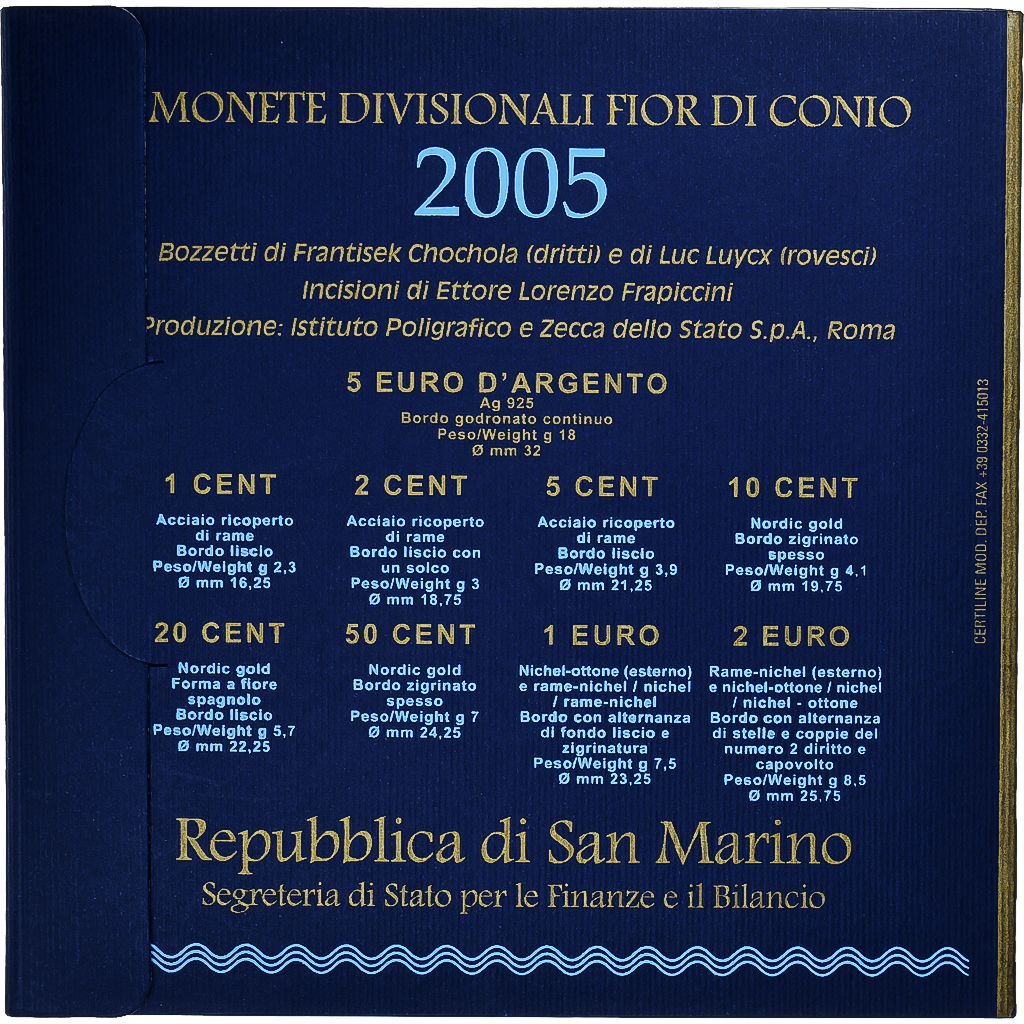 San Marino, Set 1 ct. - 5 Euro, Série Divisionnelle, 2005, Coin Card .BU, STGL