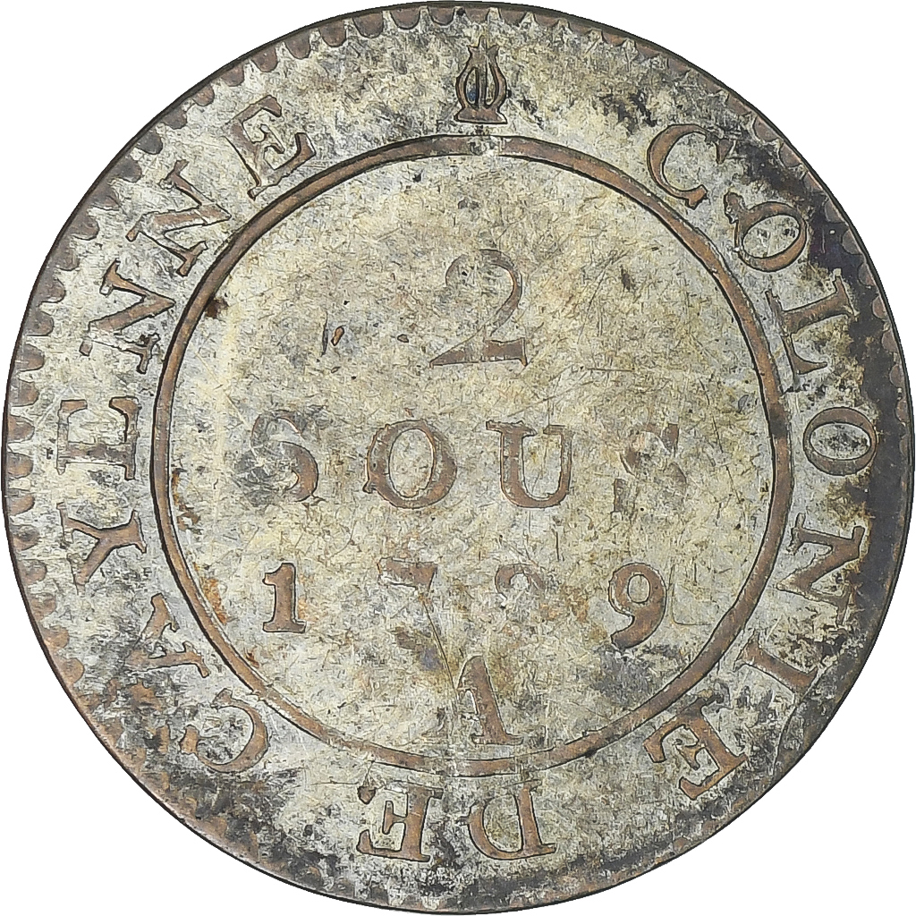FRENCH GUIANA, Cayenne, Louis XVI, 2 Sous, 1789, Paris, , Copper