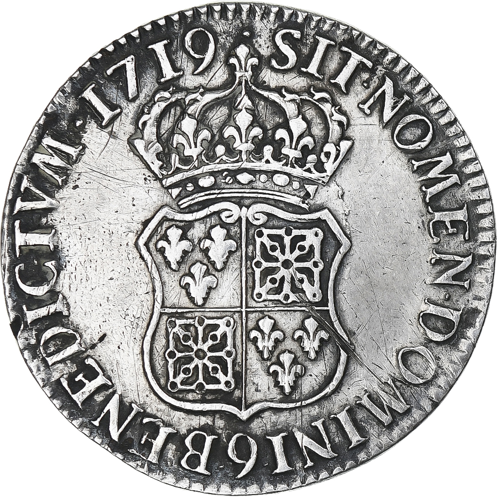 France, Louis XV, Écu de France-Navarre, 1719, Rennes, EF, Silver