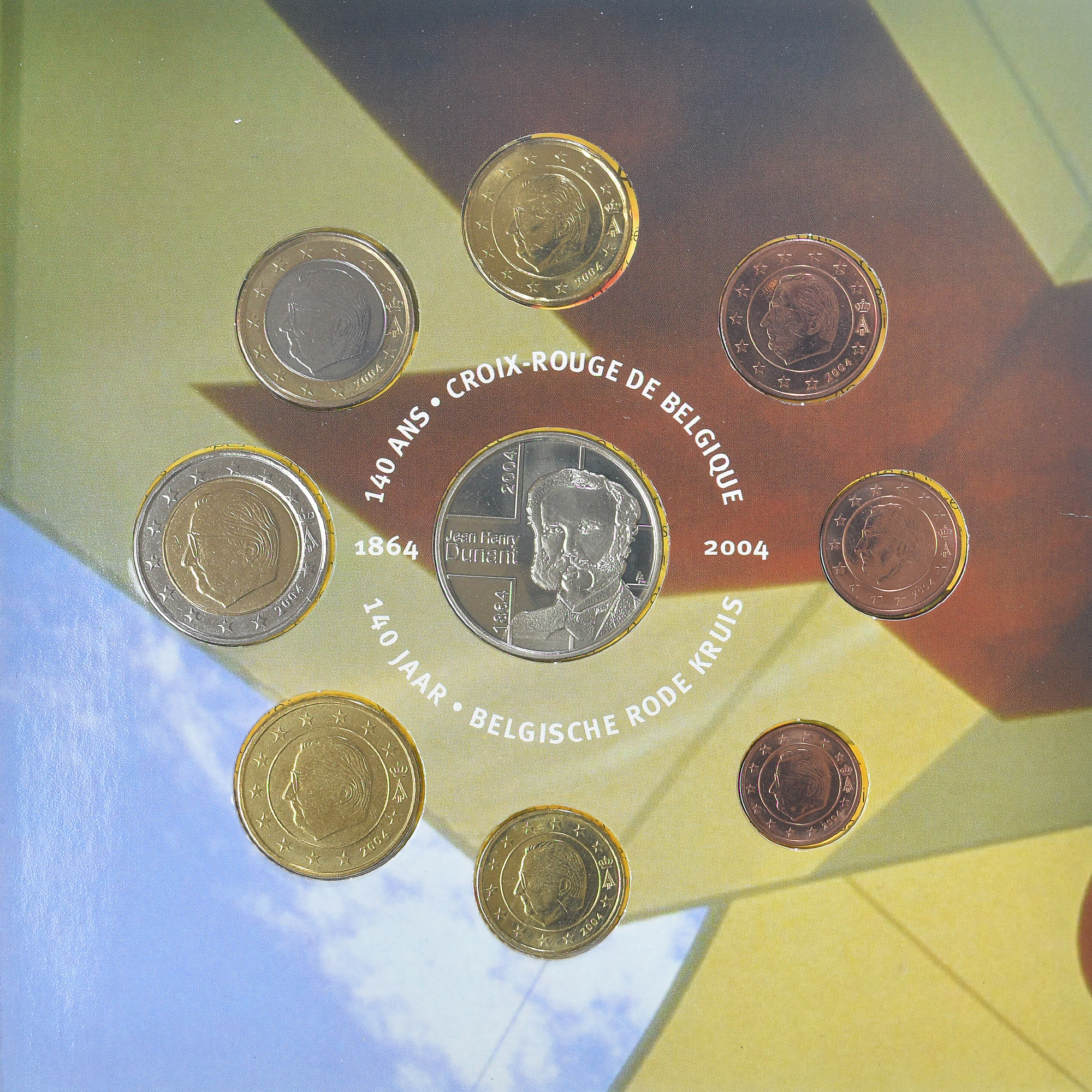Belgien, Coffret 1c. à 2€ + jeton, 140 ans de La Croix Rouge, 2004, Brussels