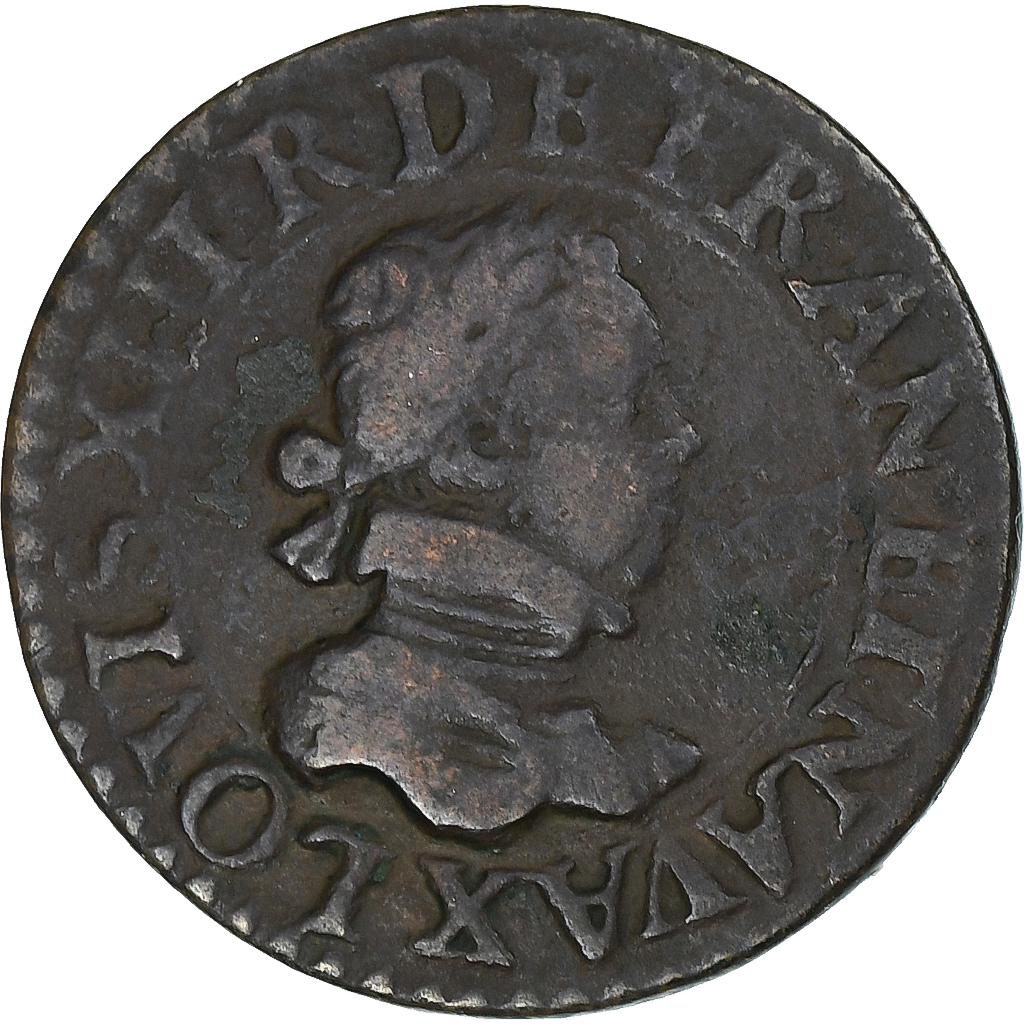 France, Louis XIII, Double Tournois, 1616, Amiens, 3rd type, Copper, 