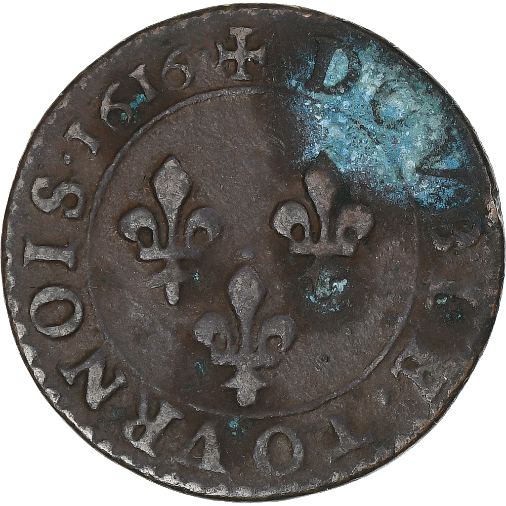 France, Louis XIII, Double Tournois, 1616, Amiens, 3rd type, Copper, 