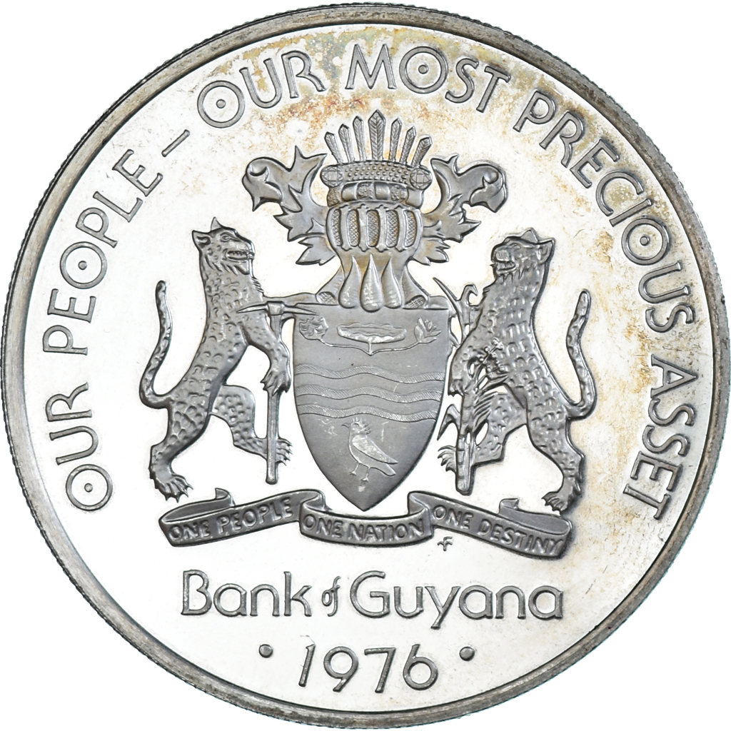 Coin, Guyana, 5 Dollars, 1976, Franklin Mint, BE, , Silver, KM:43a