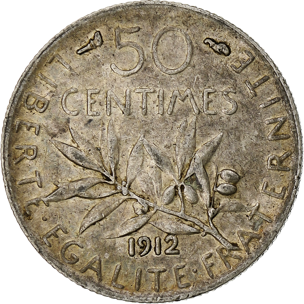 France, 50 Centimes, 1912, Paris, , Silver