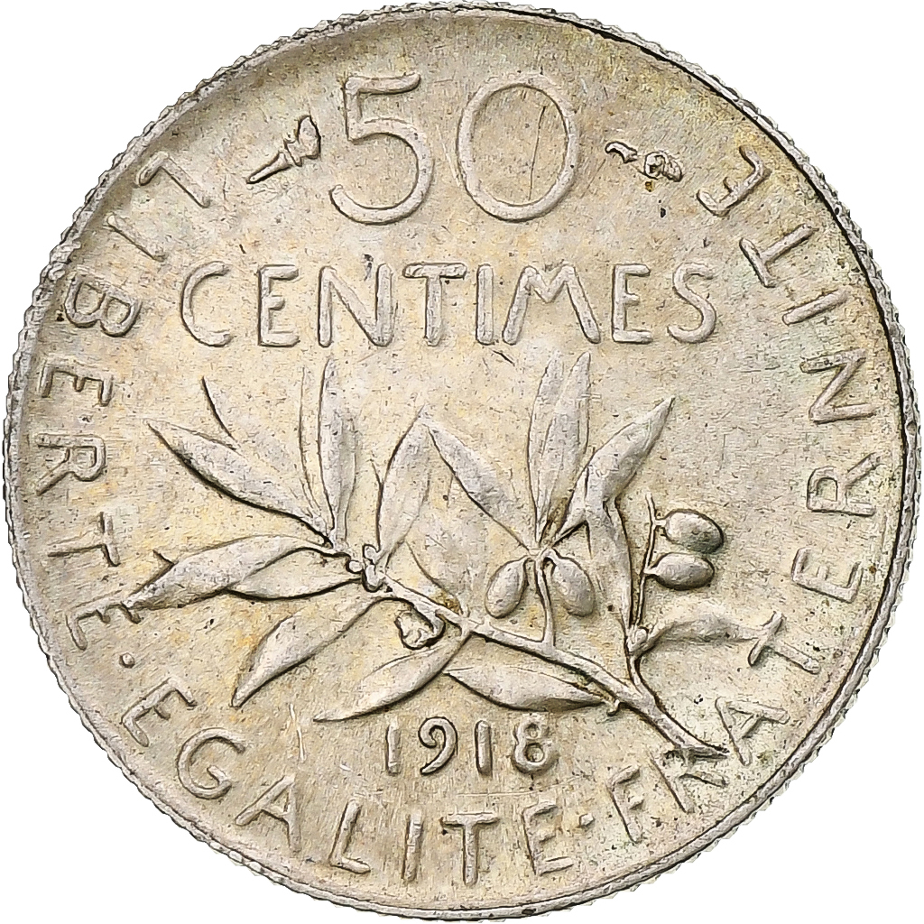 France, Semeuse, 50 Centimes, 1918, Paris, , Silver, KM:854, Le