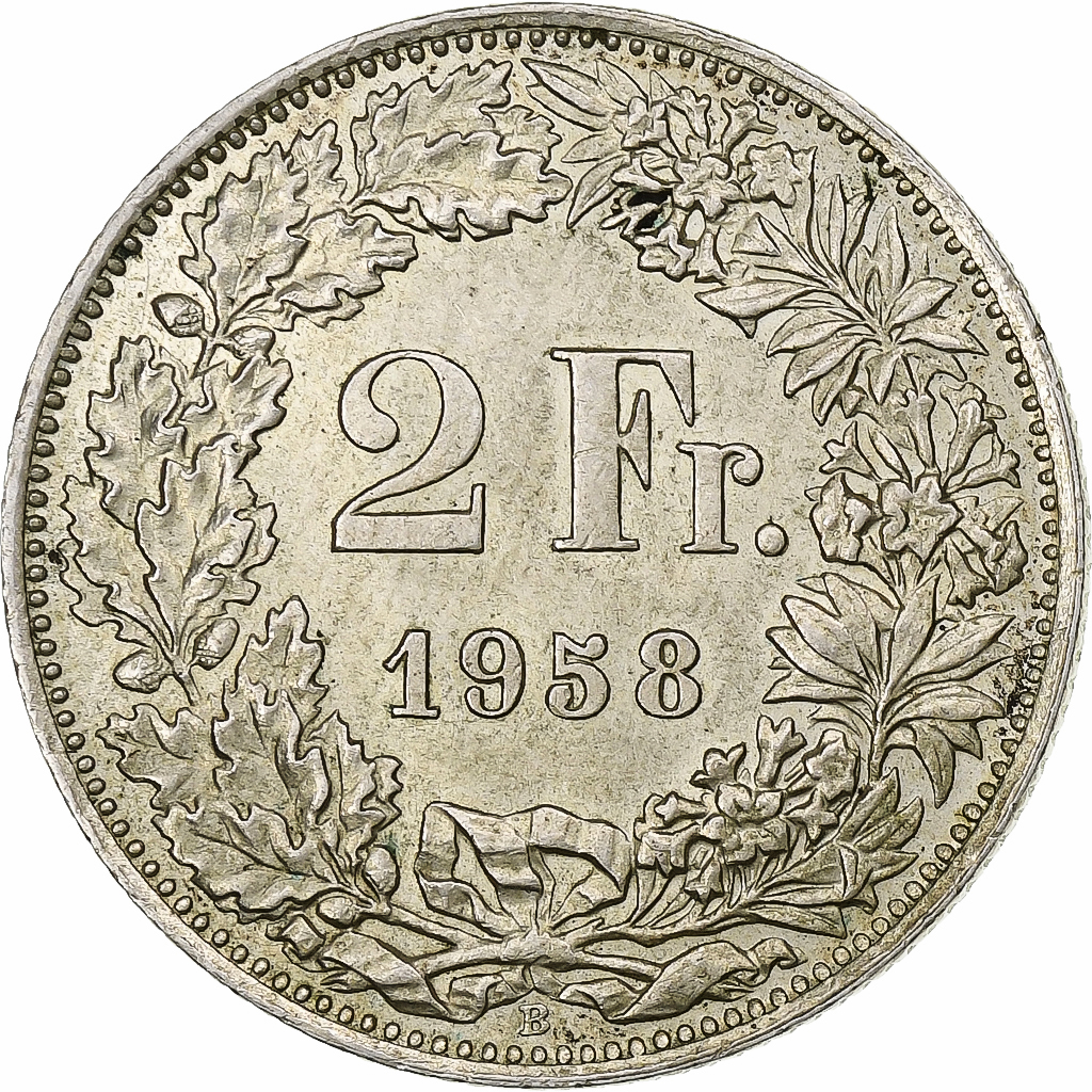 Switzerland, 2 Francs, 1958, Bern, Silver, , KM:21