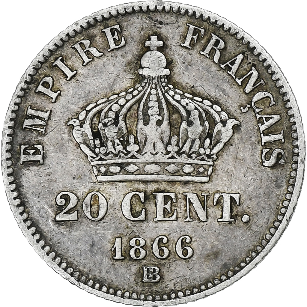 France, Napoleon III, 20 Centimes, 1866, Strasbourg, Silver, 