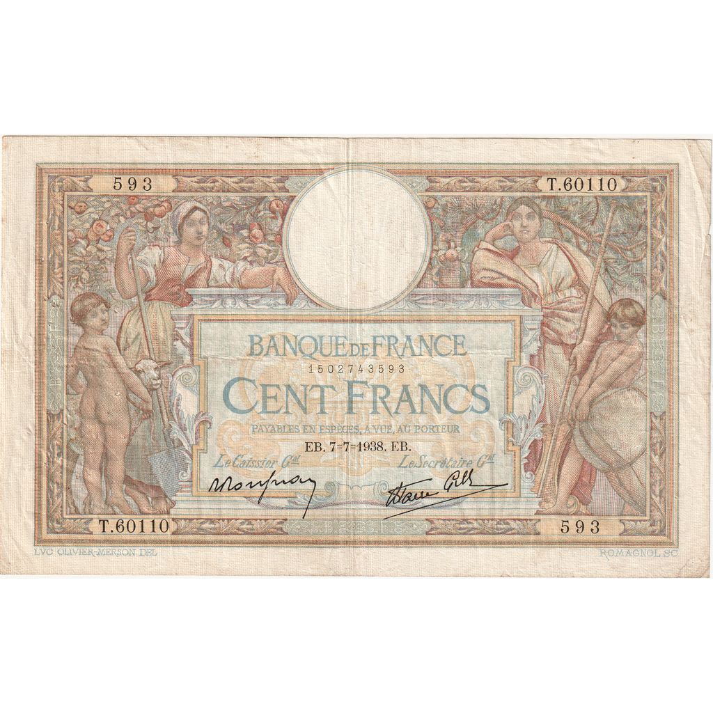 France, 100 Francs, Luc Olivier Merson, 1938-07-07, T.60110, VF(20-25)
