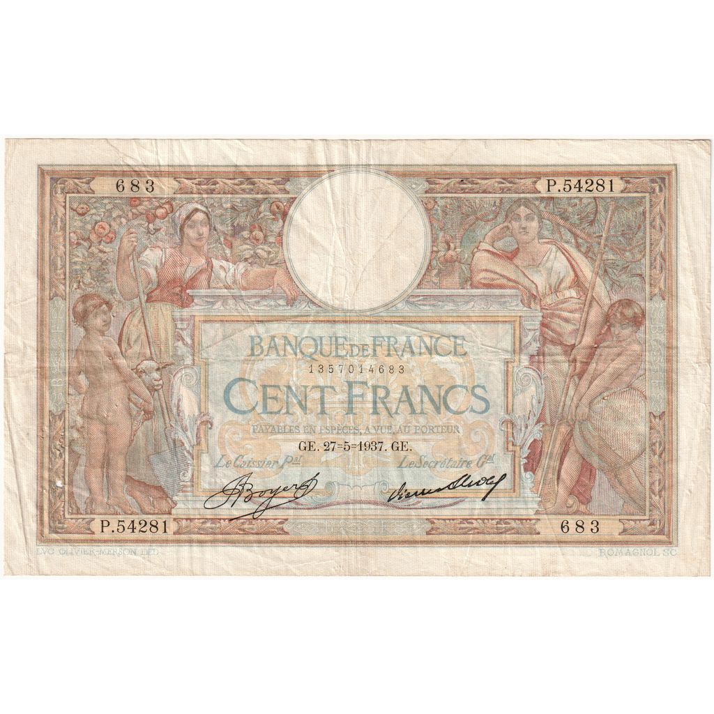 France, 100 Francs, Luc Olivier Merson, 1937-05-27, P.54281, VF(20-25)
