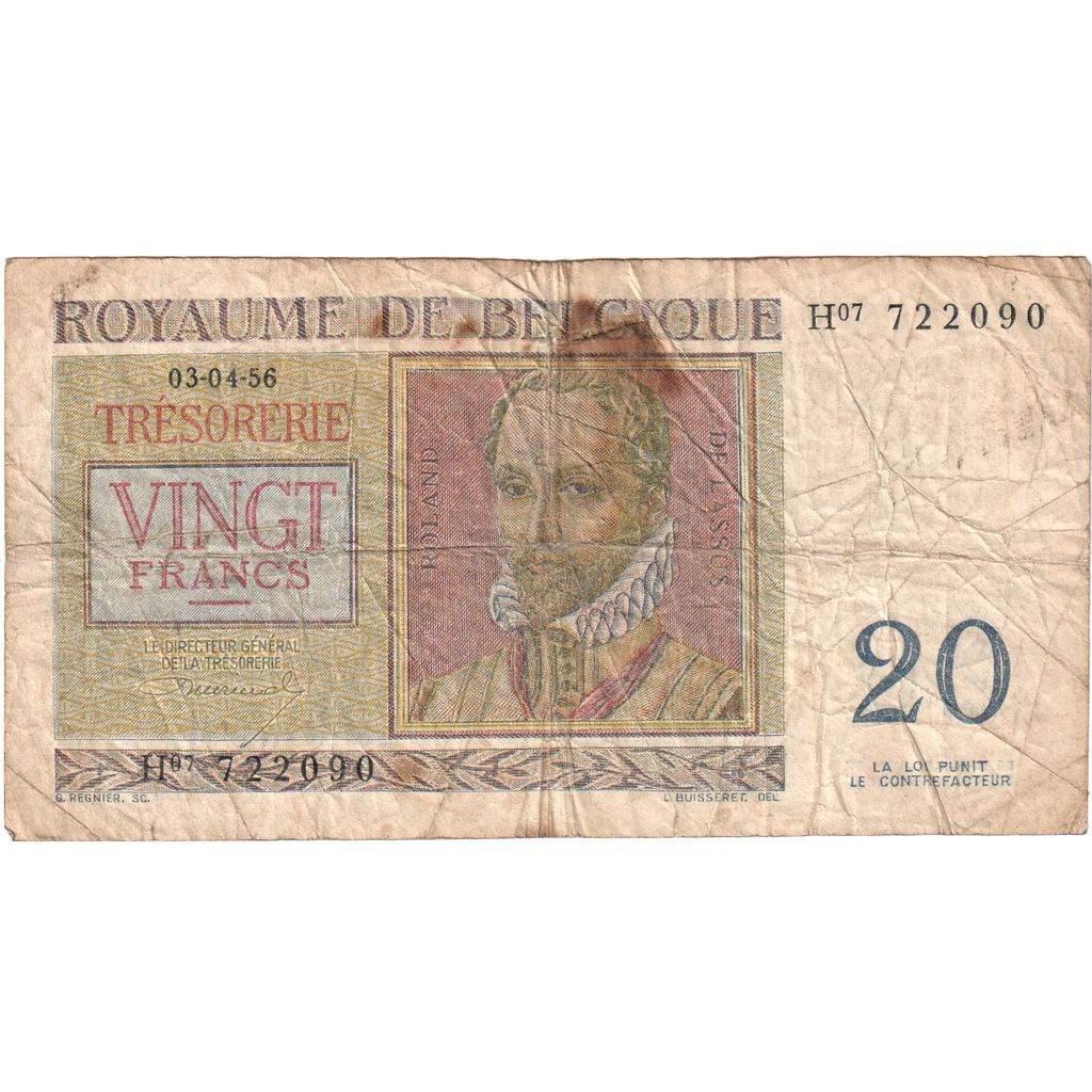 Belgium, 20 Francs, 1956-04-03, VG