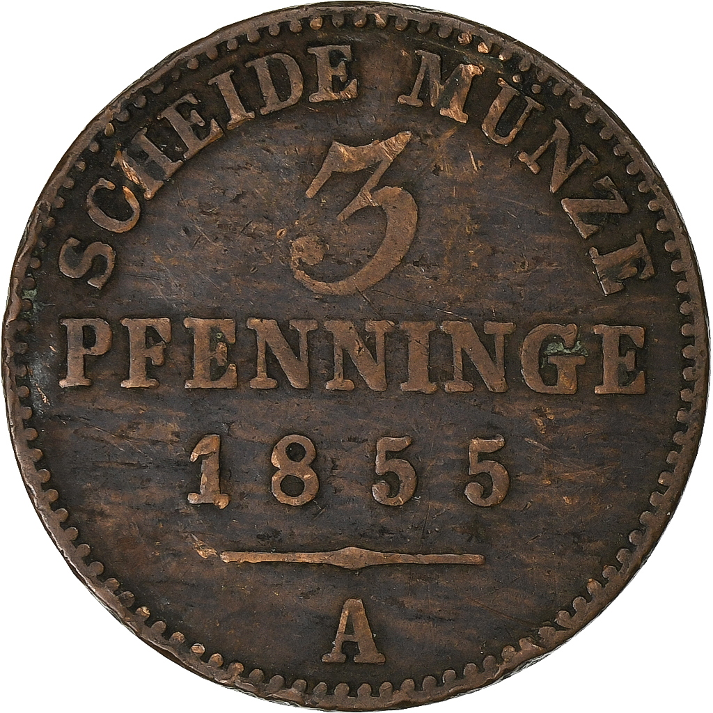 German States, PRUSSIA, Friedrich Wilhelm IV, 3 Pfennig,1855, Berlin, Copper, VF