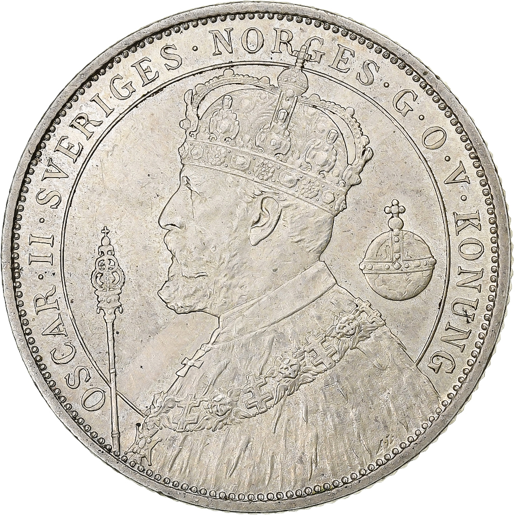 スウェーデン；オスカルII世、2クローナー中型銀貨、1897年　希少品 s-l1200.jpg