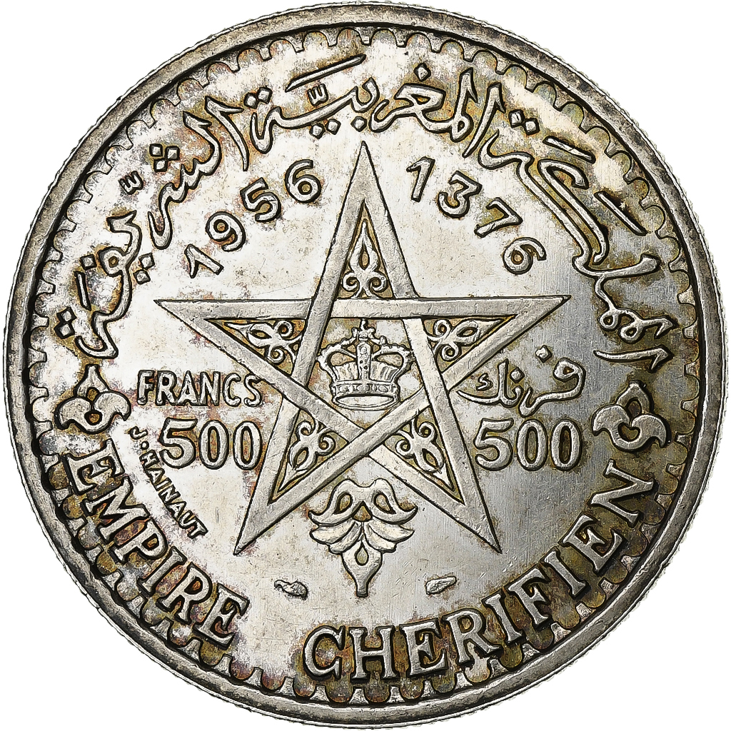 Morocco, Mohammed V, 500 Francs, 1956/AH1376, Paris, Silver, , KM:54