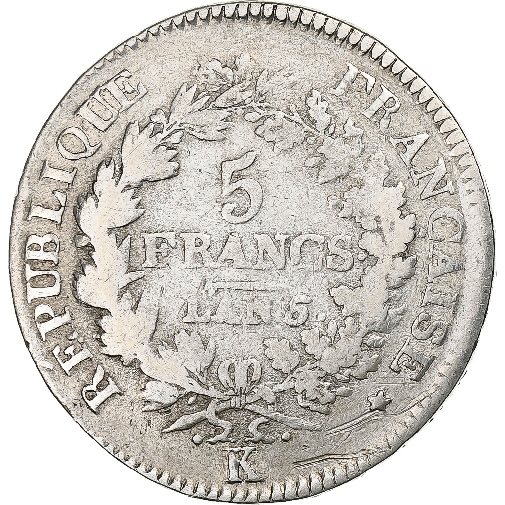 France, 5 Francs, Union et Force, AN 5, Bordeaux, Silver, VF, KM:639.5