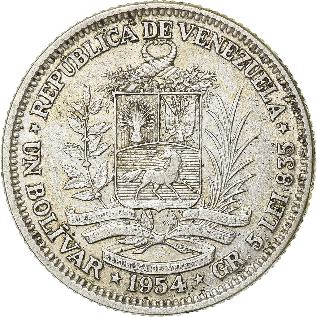 Venezuela, Bolivar, 1954, Philadelphia, Silver, , KM:37