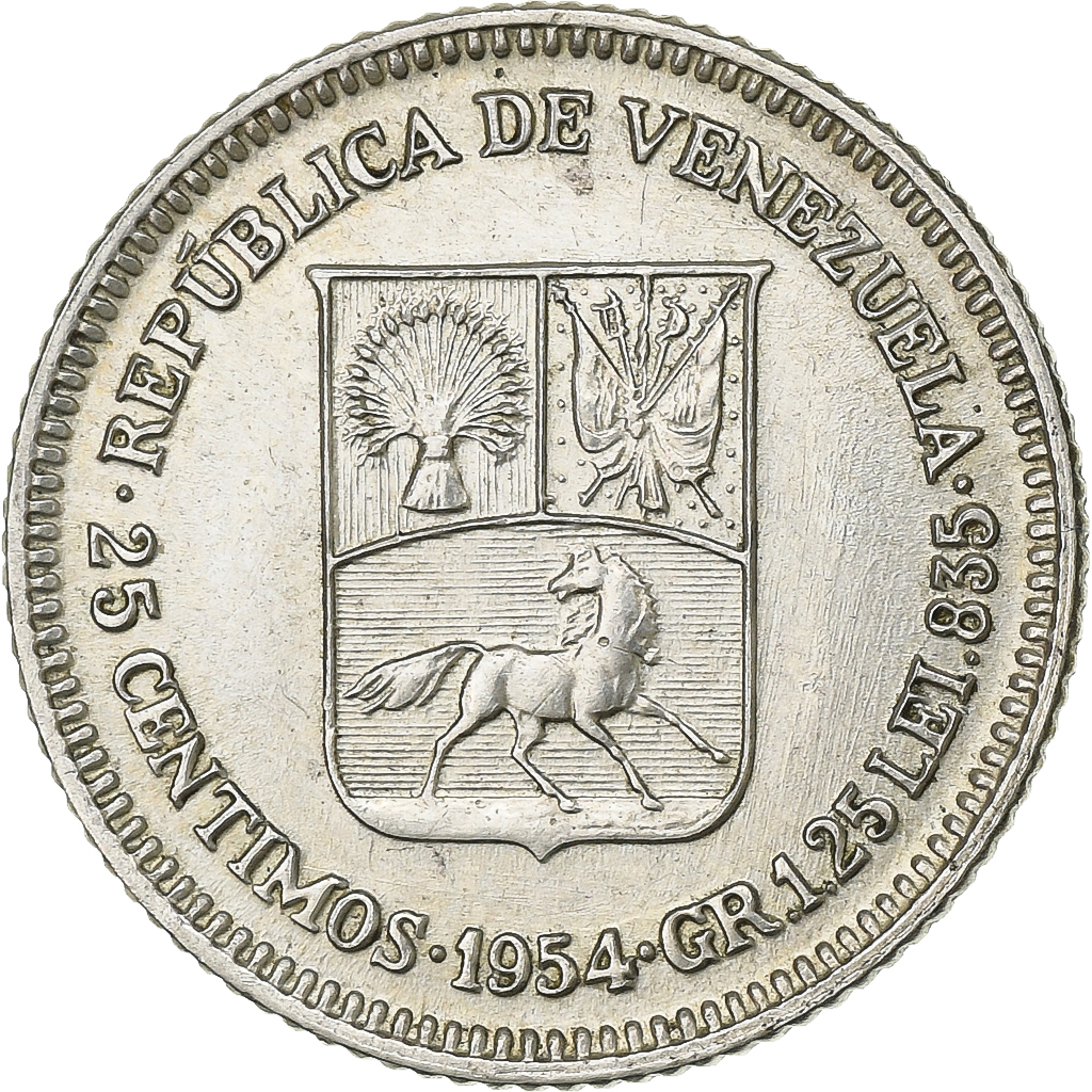 Venezuela, 25 Centimos, 1954, Silver, , KM:35