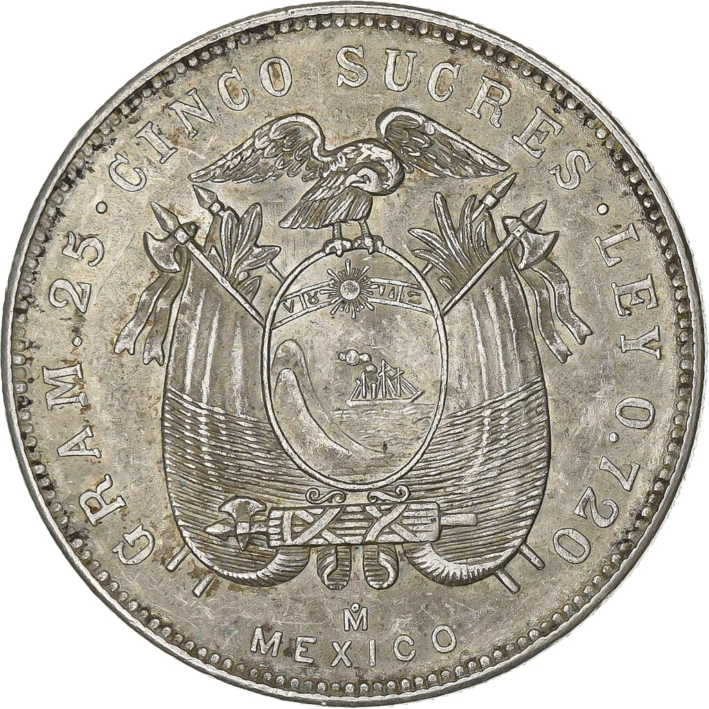 Ecuador, 5 Sucres, Cinco, 1944, Mexico City, Silver, , KM:79