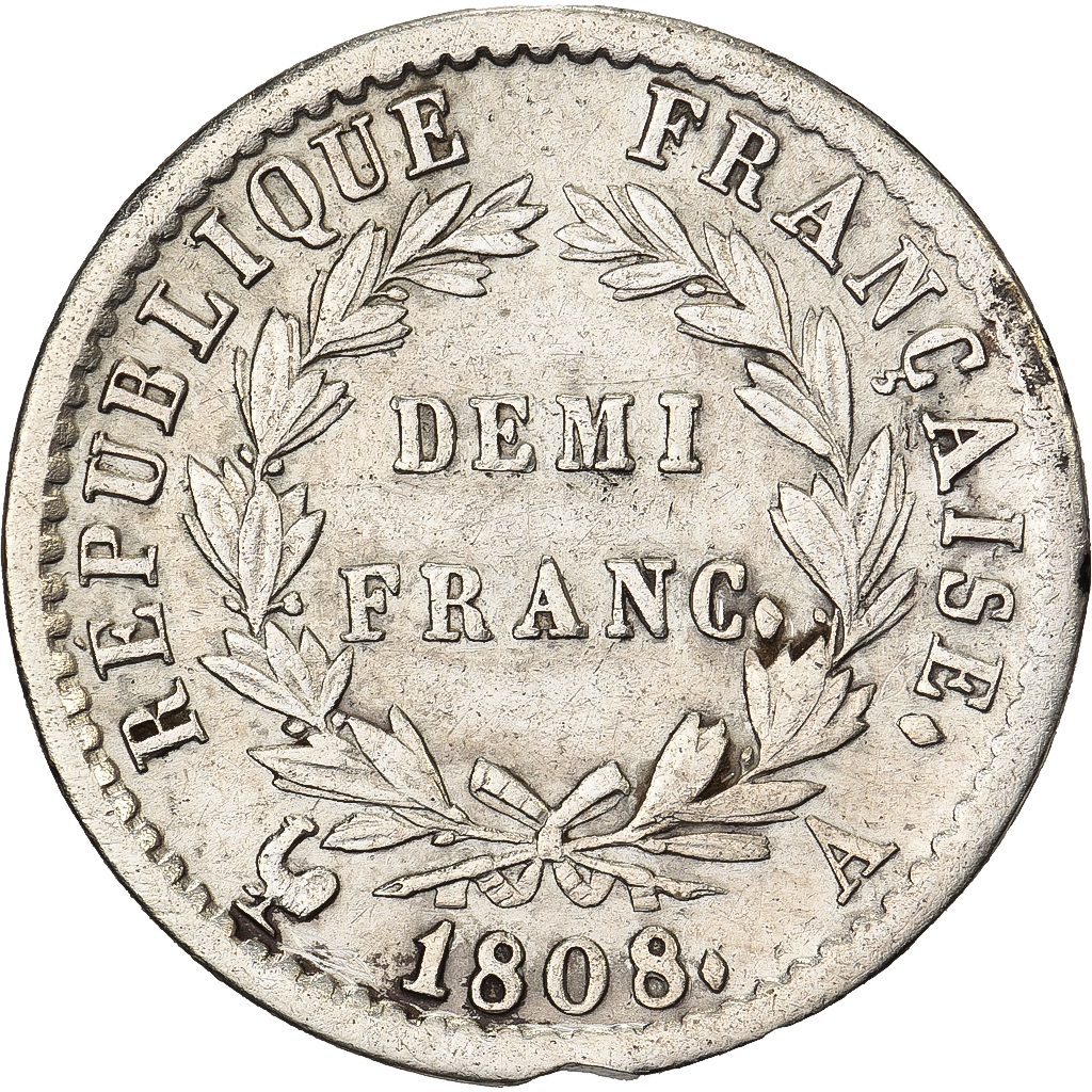 France, 1/2 Franc, Napoléon I, 1808, Paris, Silver, , KM:680.1