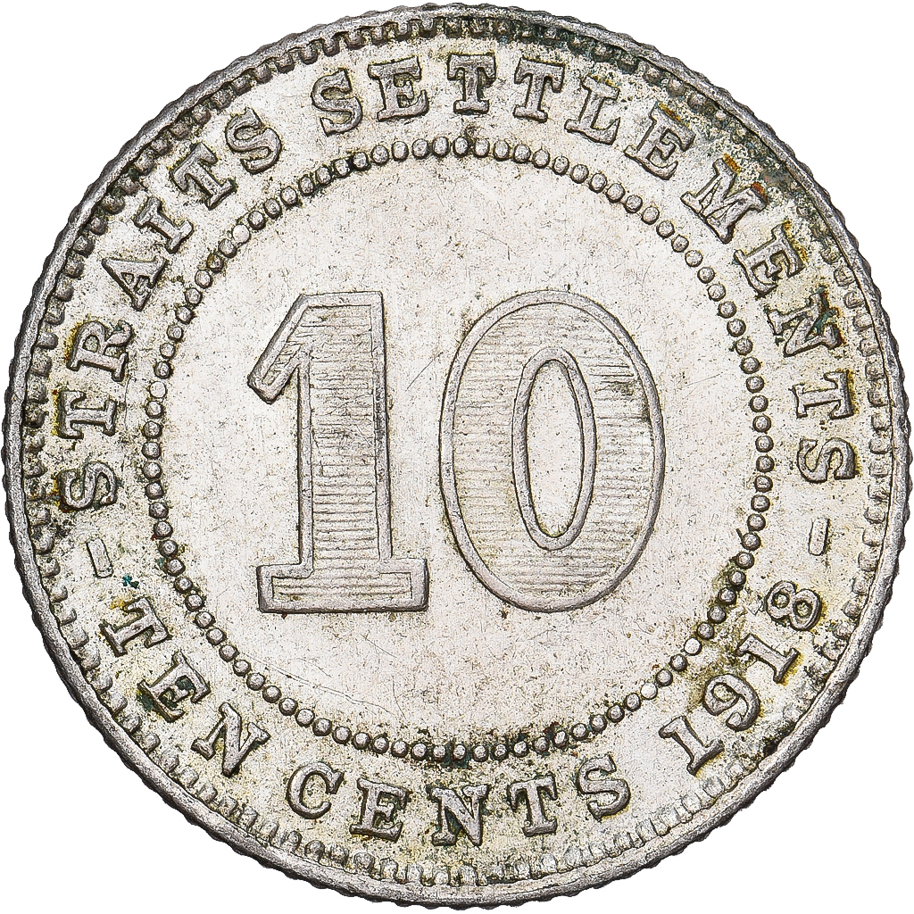 Straits Settlements, George V, 10 Cents, 1918, British Royal Mint, Silver