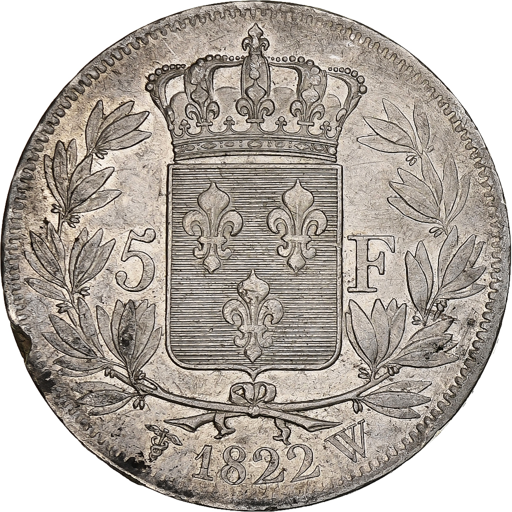 France, Louis XVIII, 5 Francs, 1822, Lille, Silver, EF, Gadoury:614