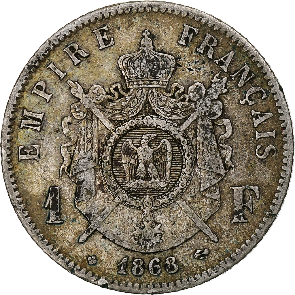 France, Napoleon III, Franc, 1868, Strasbourg, grand BB, Silver, 