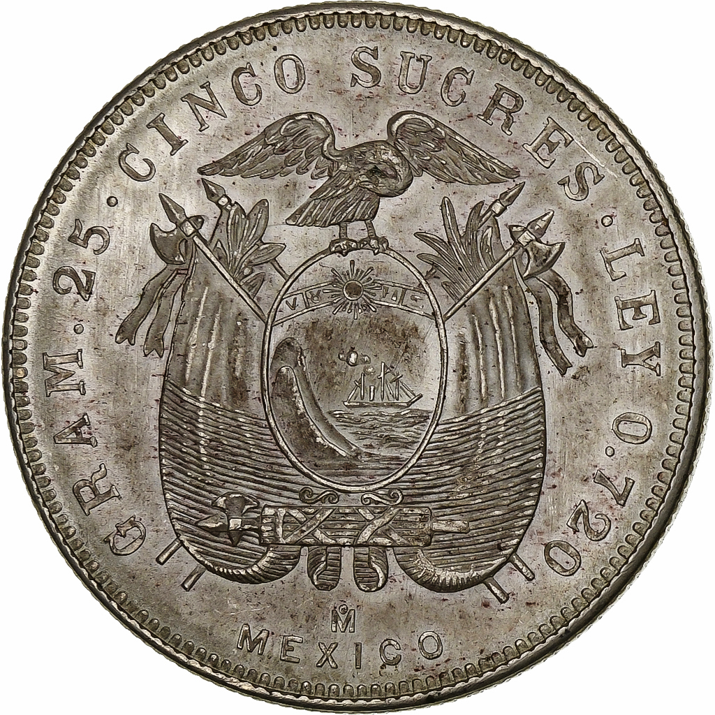 Ecuador, 5 Sucres, Cinco, 1943, Mexico City, Silver, , KM:79