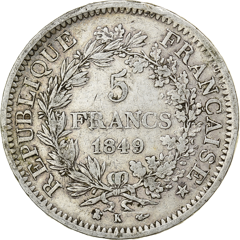 France, 5 Francs, Hercule, 1849, Bordeaux, Silver, VF, Le Franc:F.326