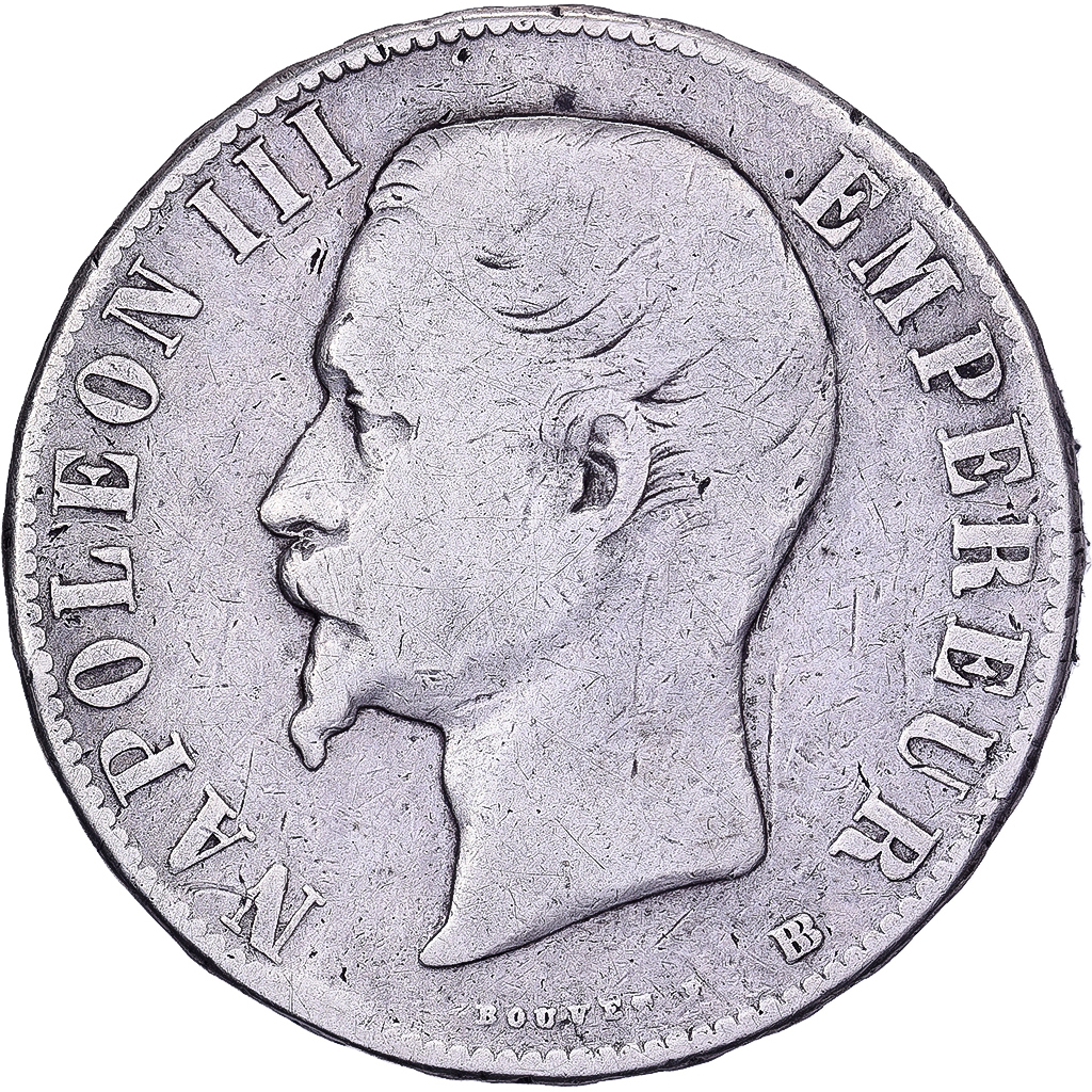 France, 5 Francs, Napoléon III, 1856, Strasbourg, Silver, 