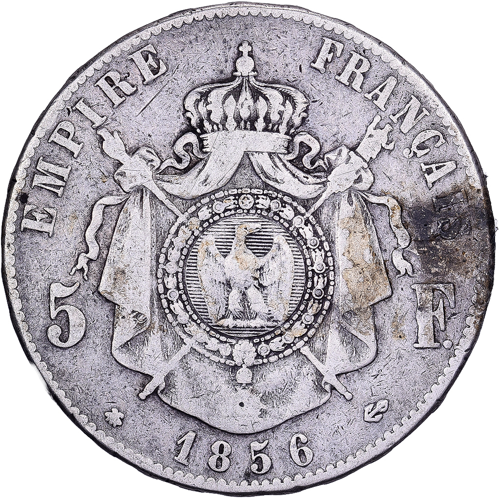 France, 5 Francs, Napoléon III, 1856, Strasbourg, Silver, 
