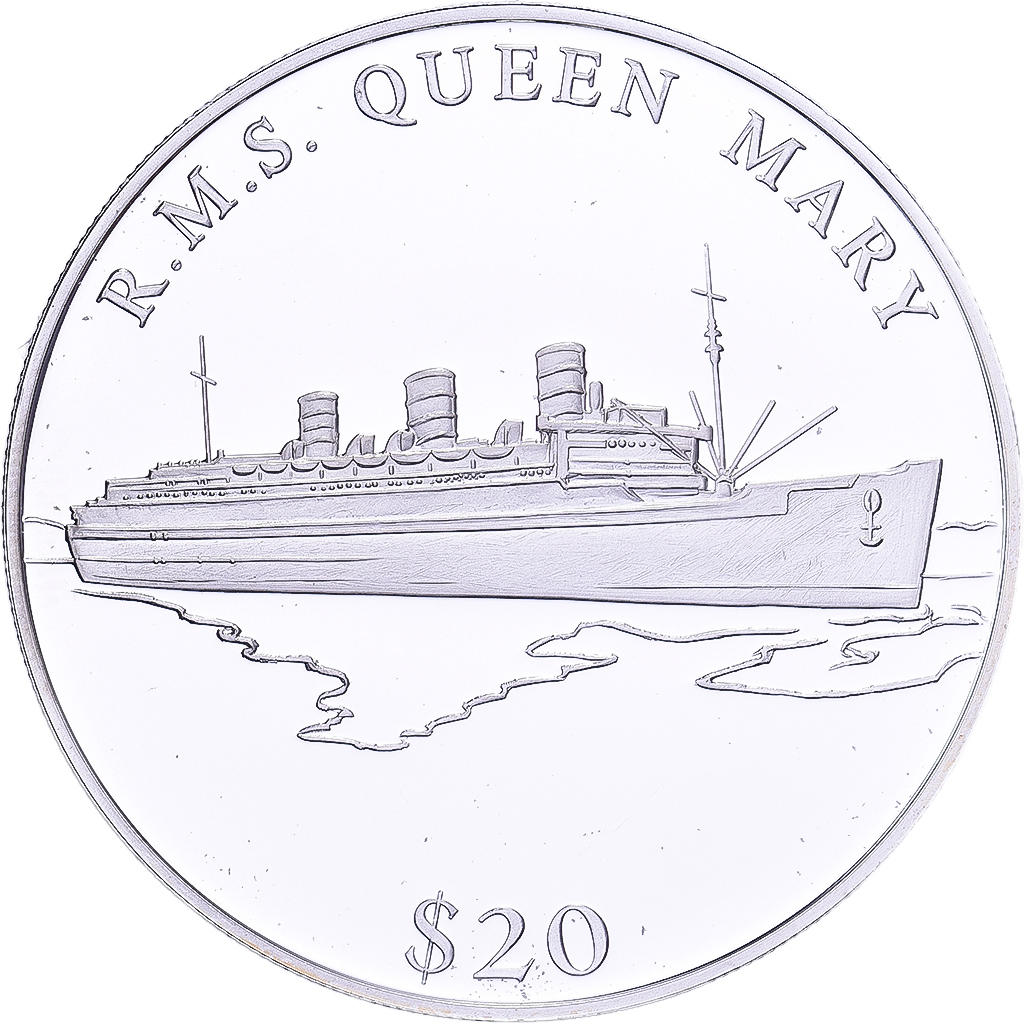 Liberia, 20 Dollars, History of Navigation, 2000, K.M.S QUEEN MARY, Silver