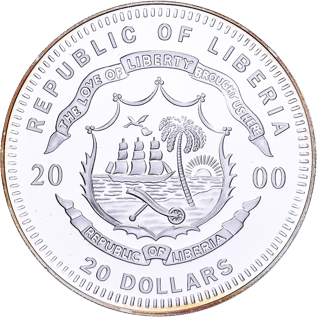 Liberia, 20 Dollars, History of Navigation, 2000, K.M.S QUEEN MARY, Silver