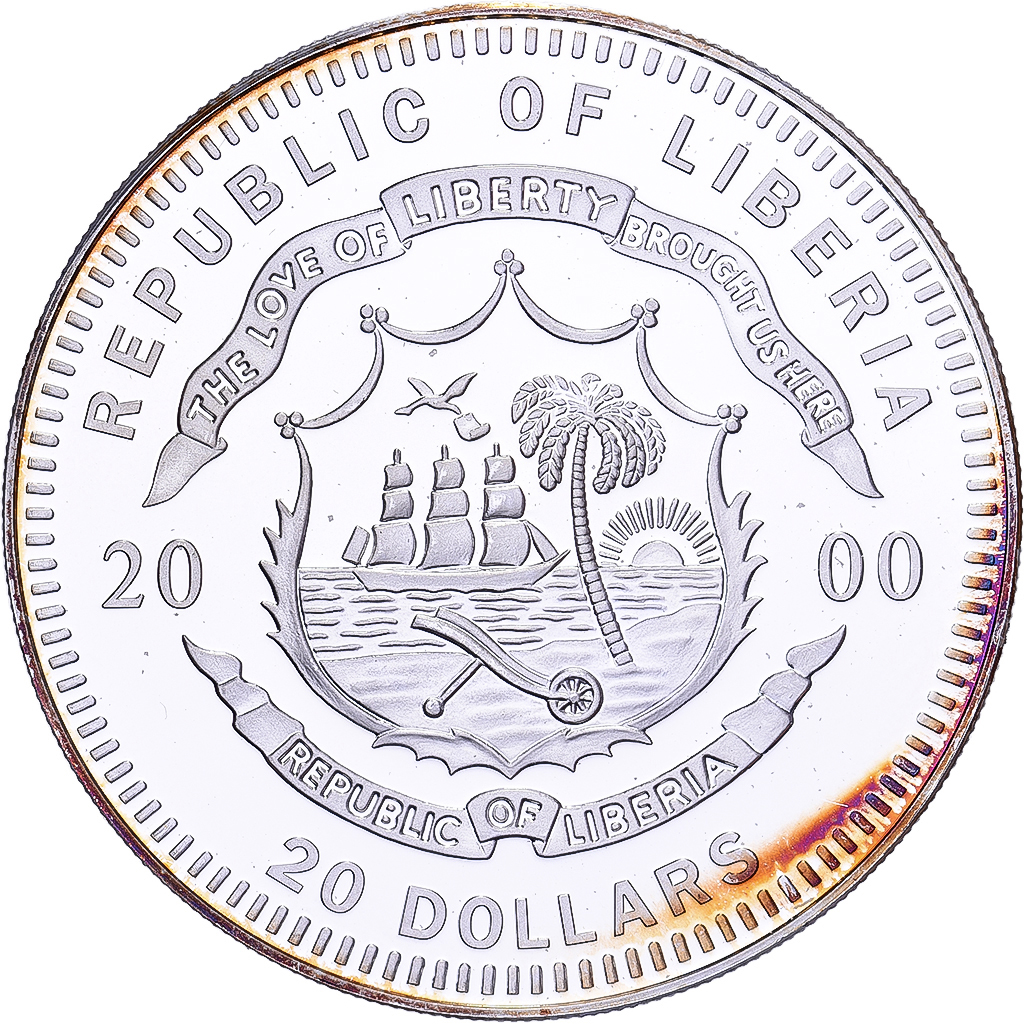 Liberia, 20 Dollars, History of Navigation, 2000, Sovereign of the seas, Silver