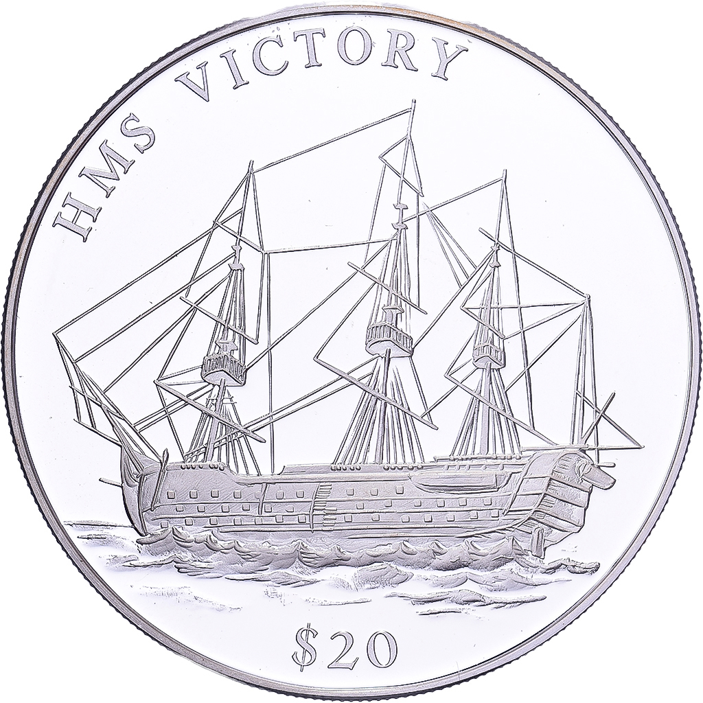 Liberia, 20 Dollars, History of Navigation, 2000, HMS VICTORY, Silver, 