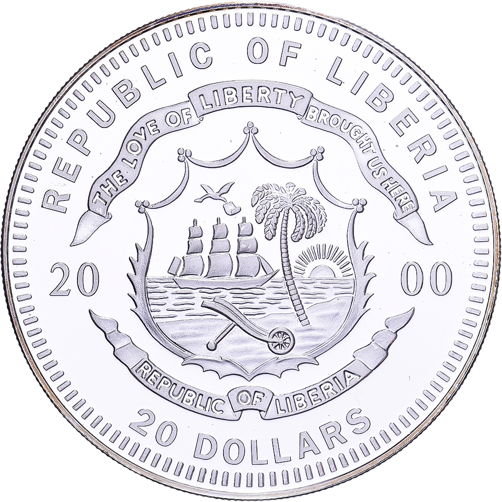 Liberia, 20 Dollars, History of Navigation, 2000, HMS VICTORY, Silver, 